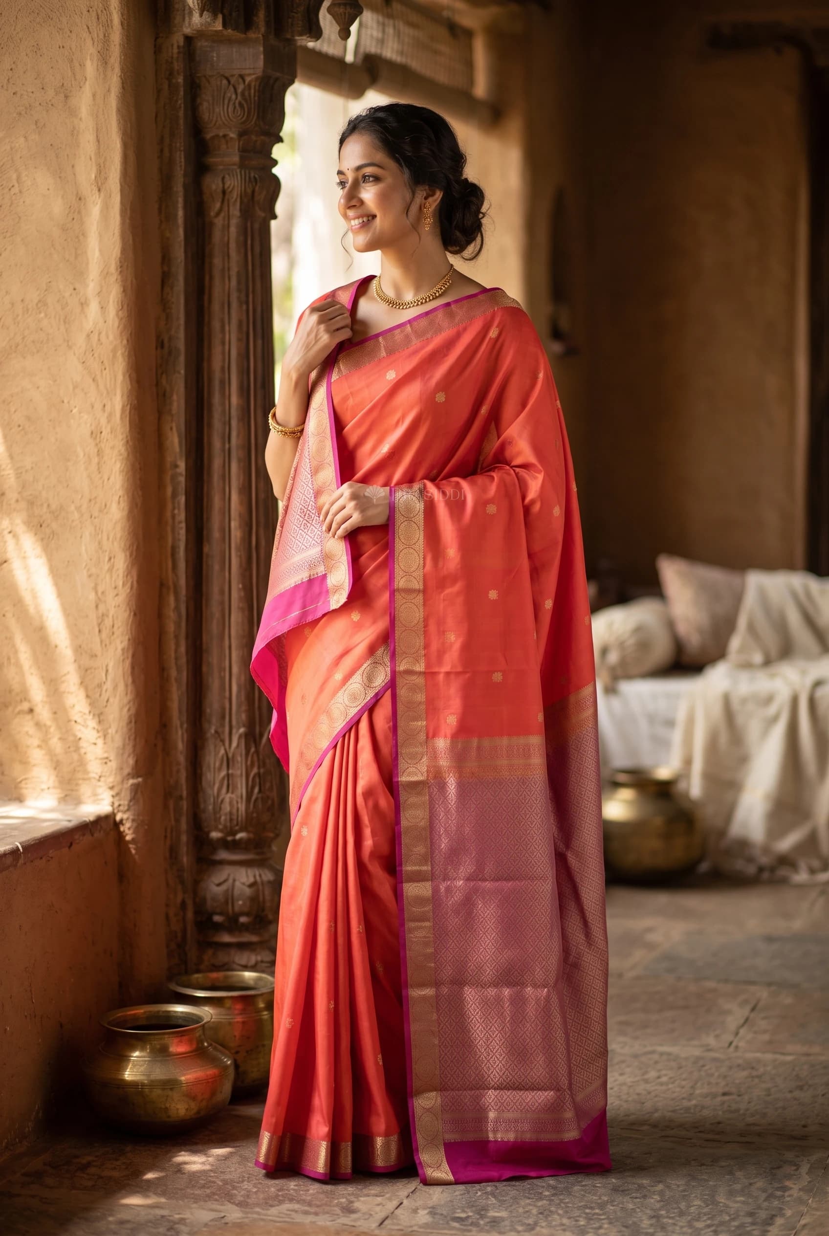 Silk Saree Featuring a Bugdi Reversible Border and Minimal Border Design. – Model Displaying Full Saree