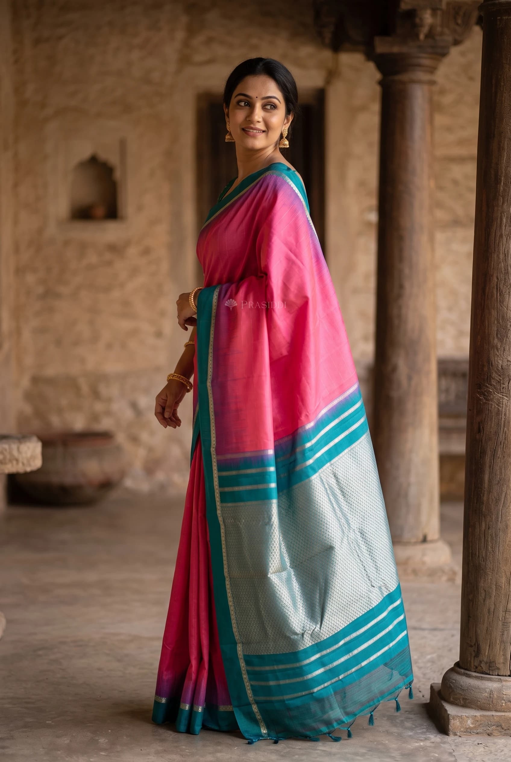 Silk Saree Featuring a Contrast Border, Ideal for Festive and Wedding Wear. – Model Displaying Full Saree