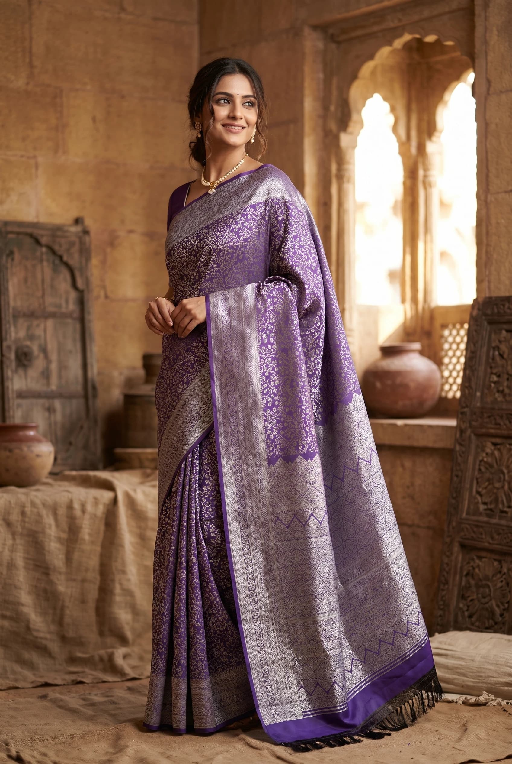 Steel Blue Silk Saree Featuring a Designer Border, Ideal for Festive and Wedding Wear. – Model Displaying Full Saree