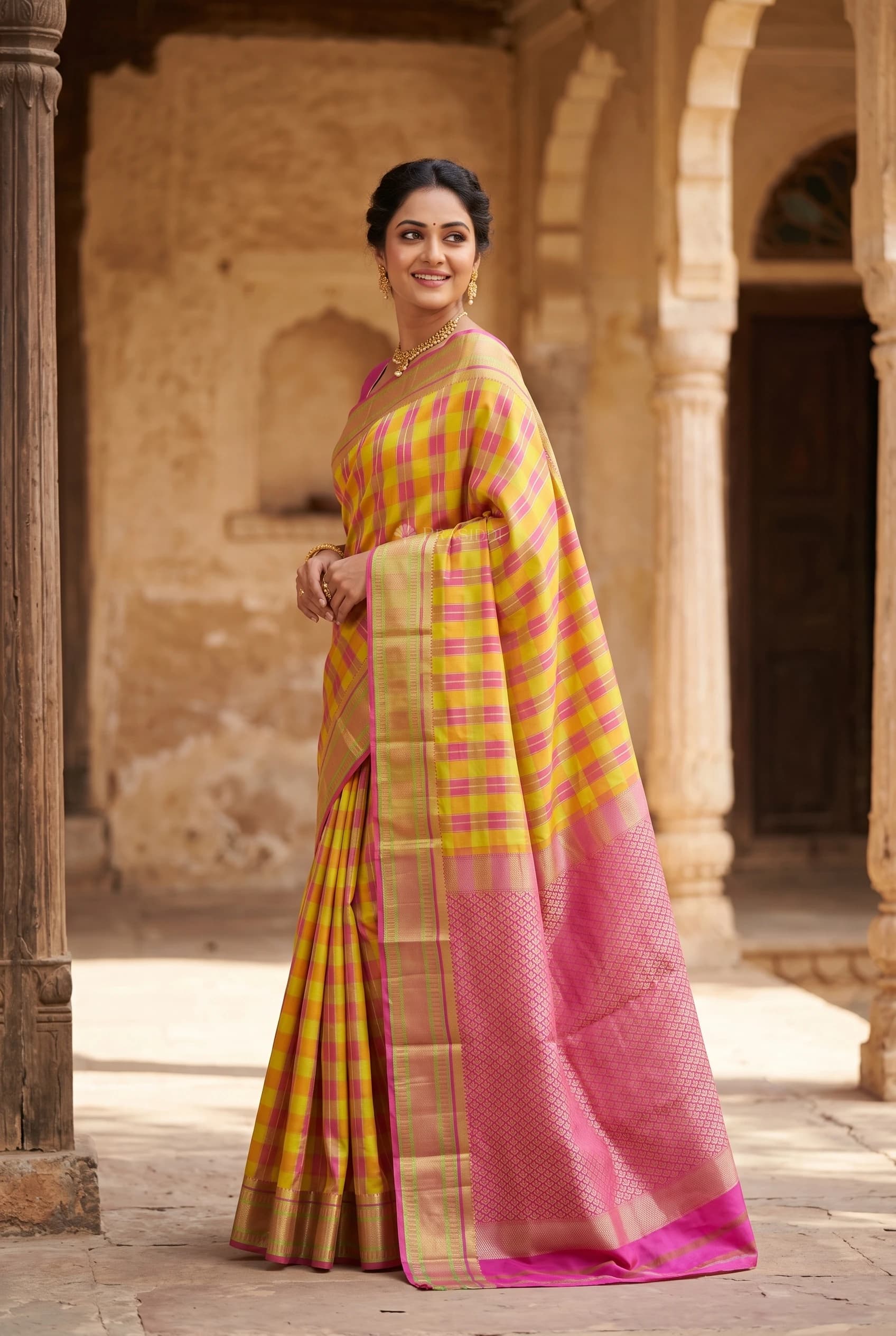Tan & Purple Silk Saree with Woven Work and Classical Border – Model Displaying Full Saree