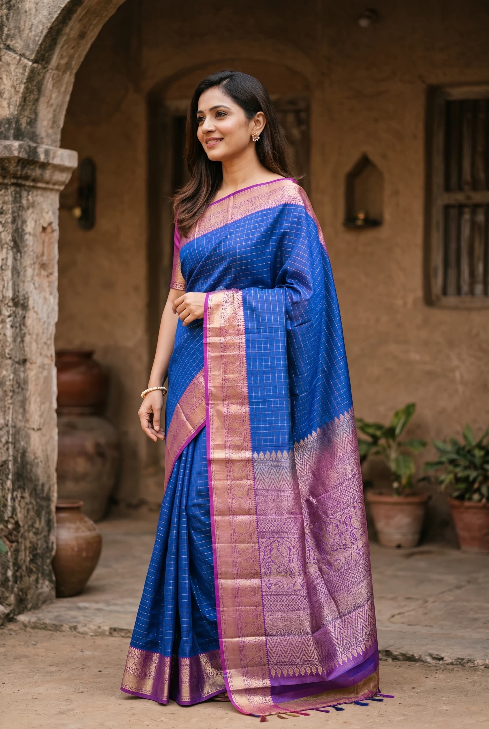 Ultra Violet and Plum Soft Silk Saree with Traditional Woven Design and Rich Border. – Model Displaying Full Saree