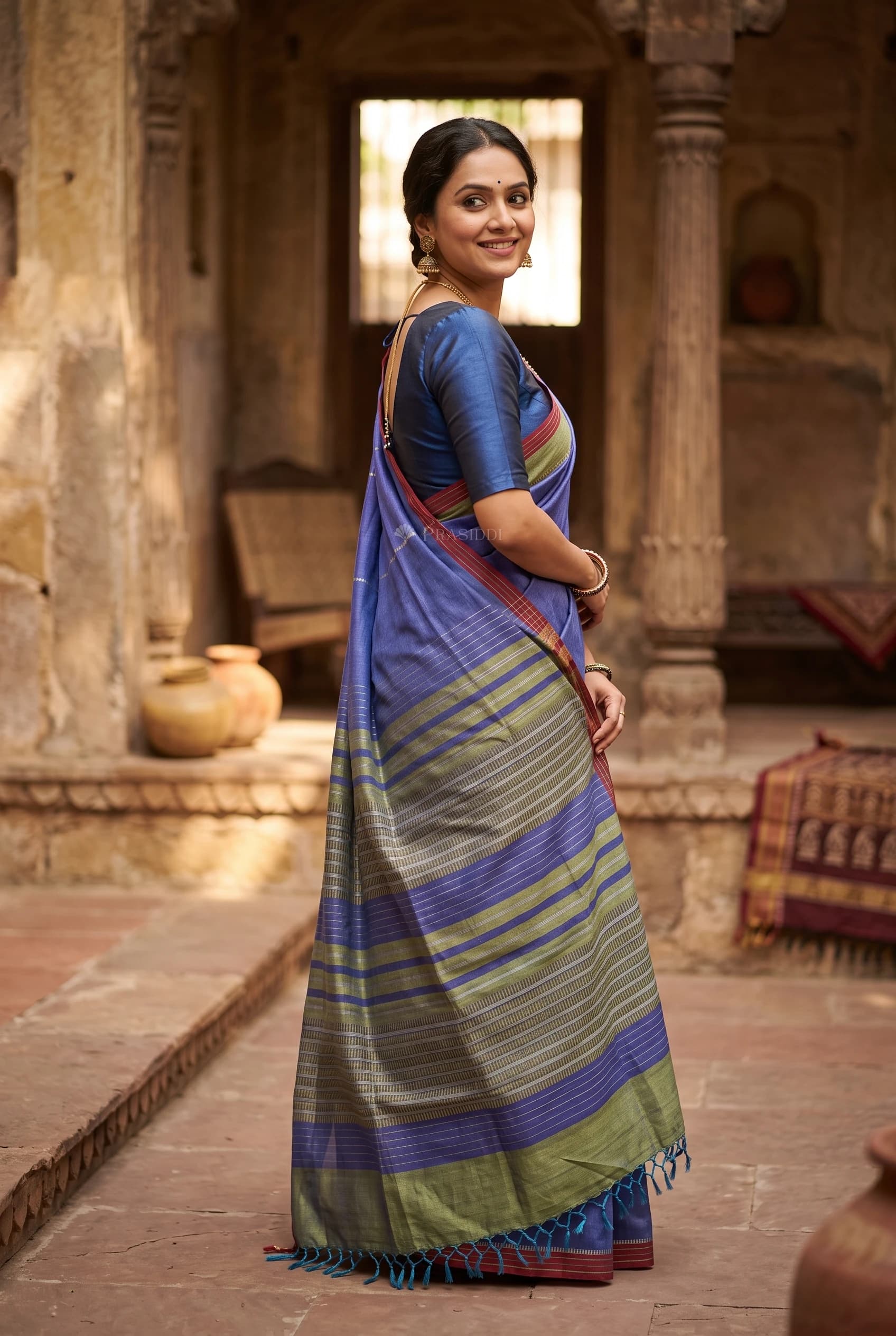Ultra Violet and Sage Green Tussar Silk Saree with a Contrast Border. – Model Displaying Full Saree