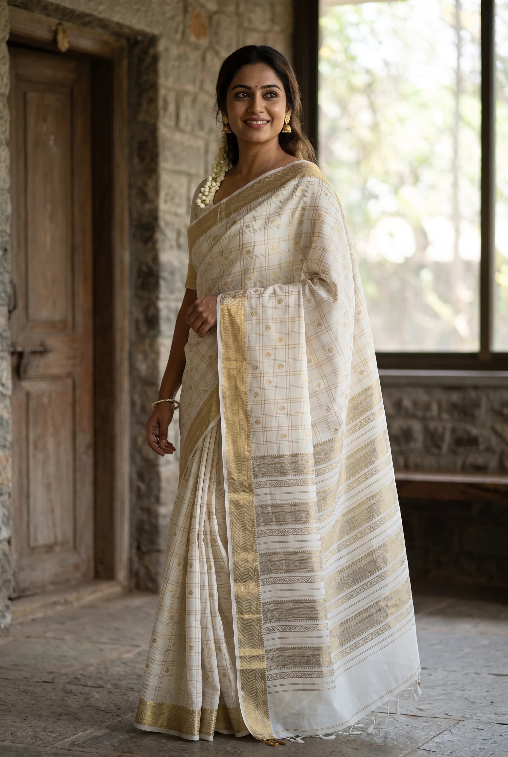 White Mysore Silk Saree with a Designer Border, Showcasing Intricate Woven Details. – Model Displaying Full Saree