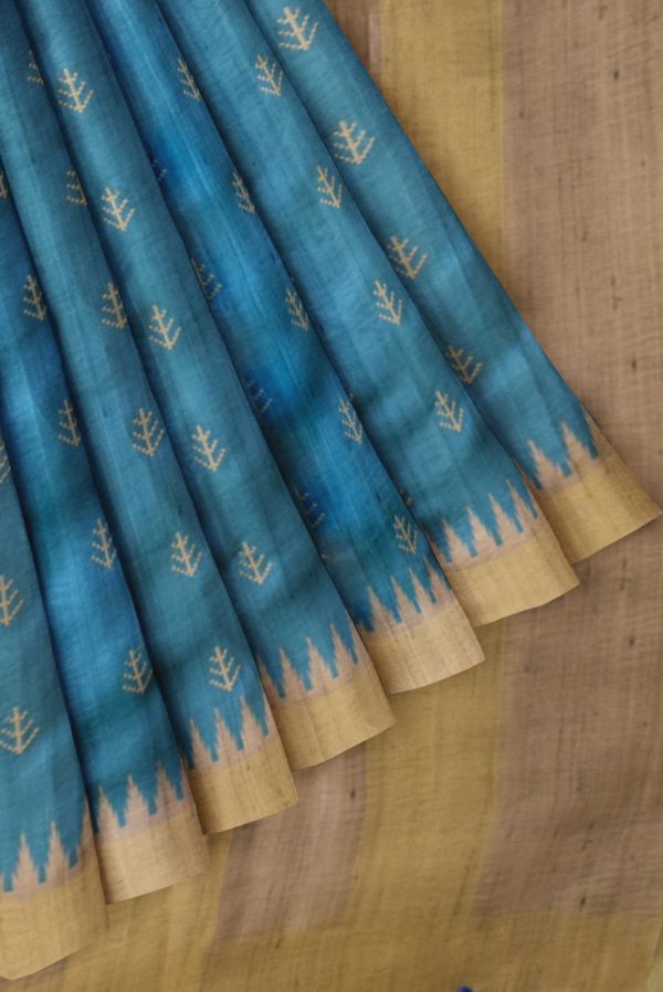 Ananda Blue and Beige Semi Tussar Saree K0202040101 4 Pleats and Pallu