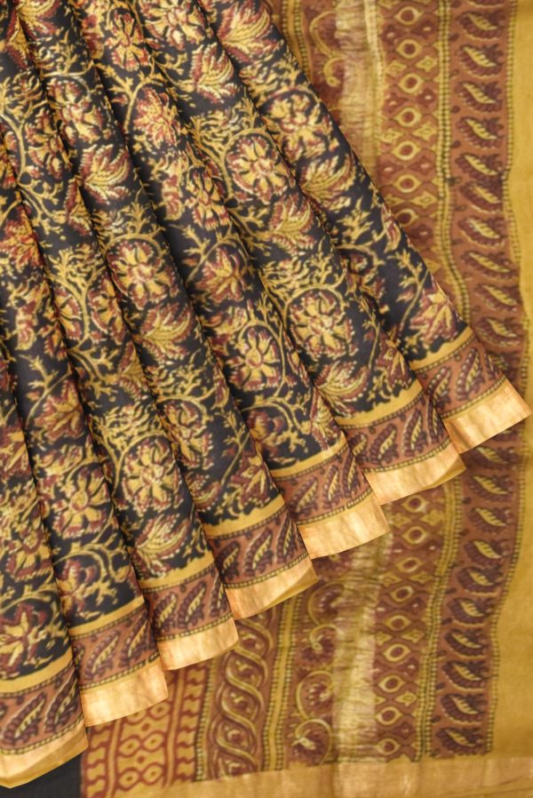 Black and Mustard Maheshwari Silk Cotton Saree K0208040904 4 Pleats and Pallu
