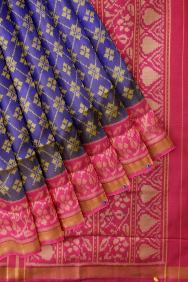 Blue and Lemon Yellow Handloom Patola Silk Saree K0223010505 4 Pleats and Pallu