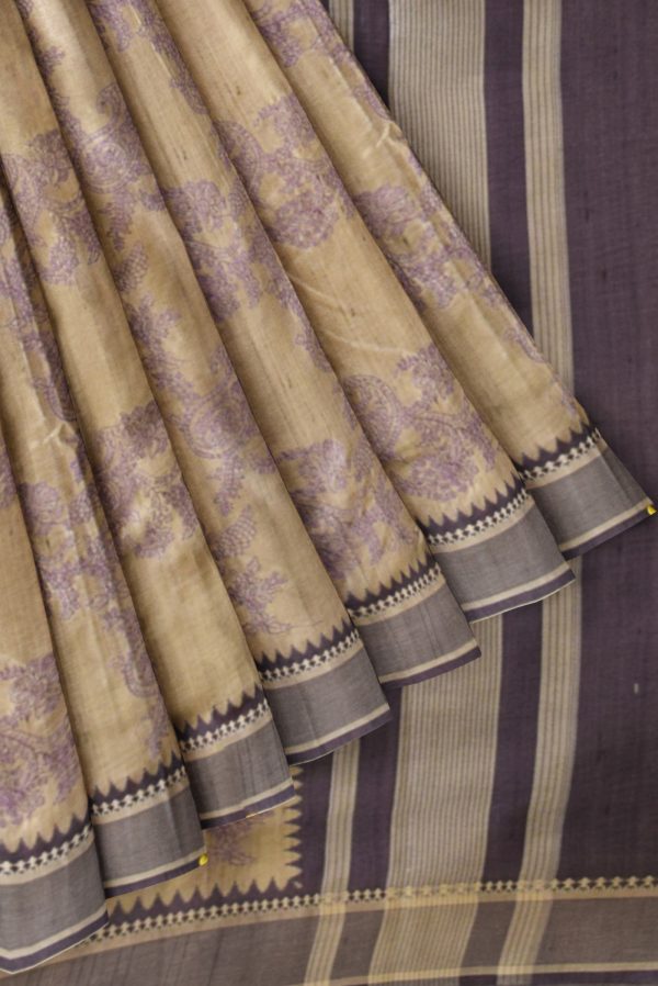 Cream Beige Semi Tussar Silk Saree K0217030202 4 Pleats and Pallu
