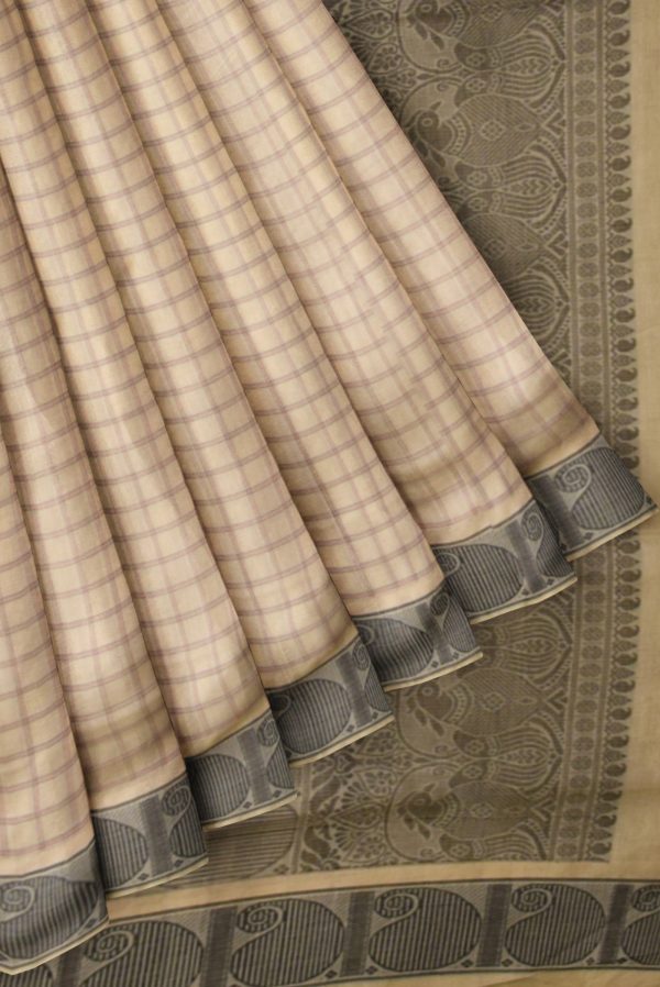 Cream Self Check Handloom Cotton Saree K0128010101 4 Pleats and Pallu