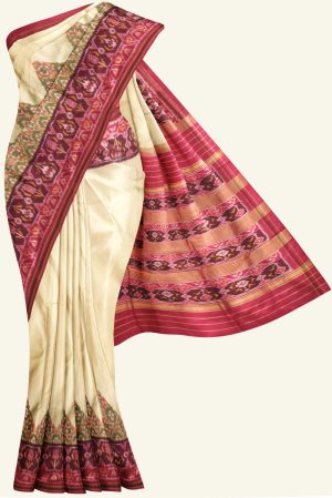 Cream and Magenta Handloom Ikat Silk Saree K0186021102 5 Saree