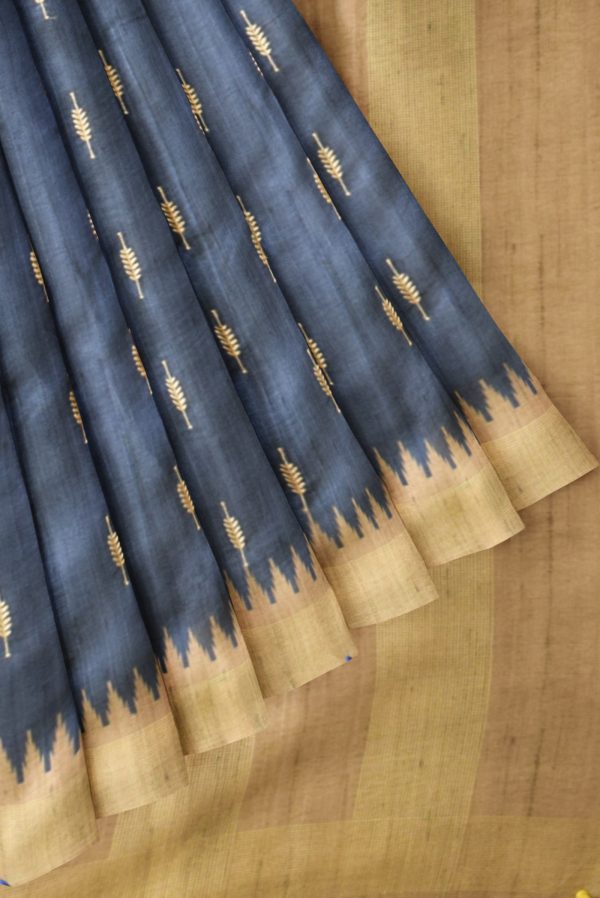 Dark Grey Semi Tussar Silk Saree K0217020201 4 Pleats and Pallu