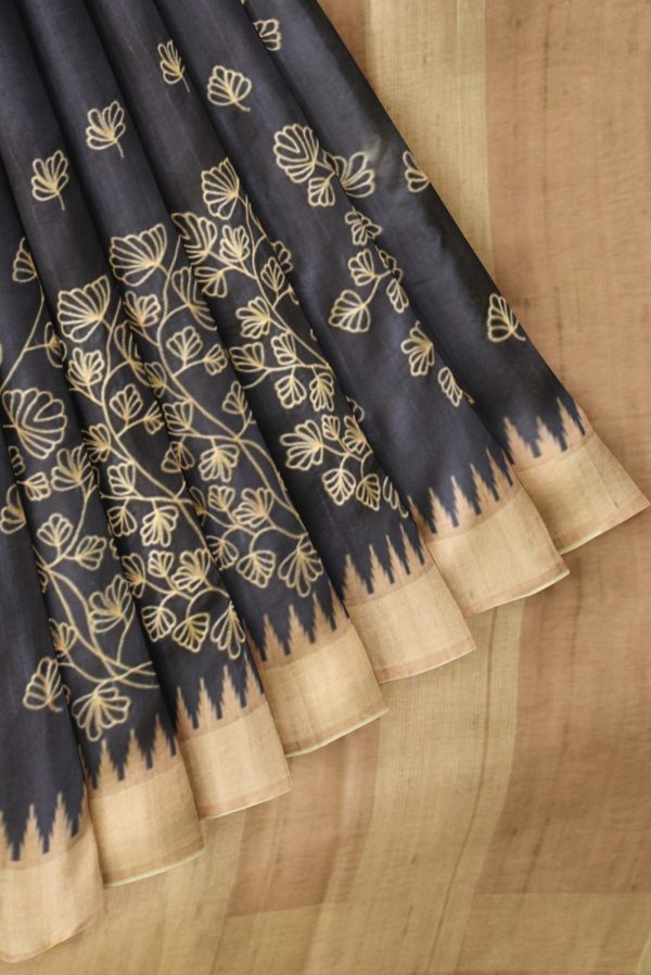 Dark Grey and Biscuit Semi Tussar Silk Saree K0202050101 4 Pleats and Pallu