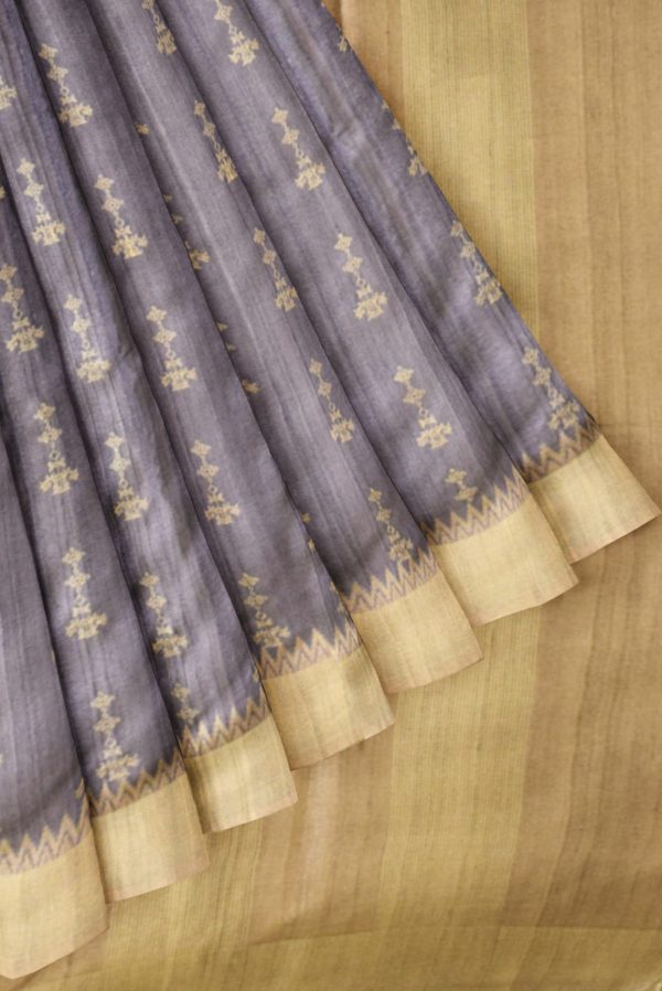 Grey Blue Semi Tussar Silk Saree K0217050201 4 Pleats and Pallu