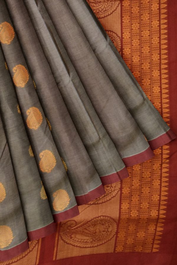 Grey and Maroon Cotton Saree with Thread Work K0128140201 4 Pleats and Pallu