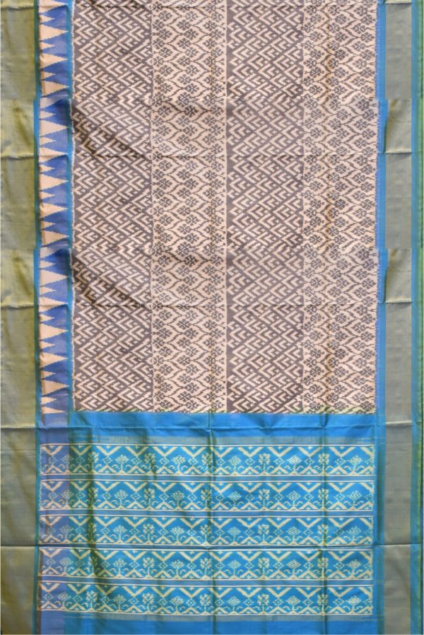 Grey and Rama Blue Handloom Ikat Silk Saree K0186021103 3 Full Saree