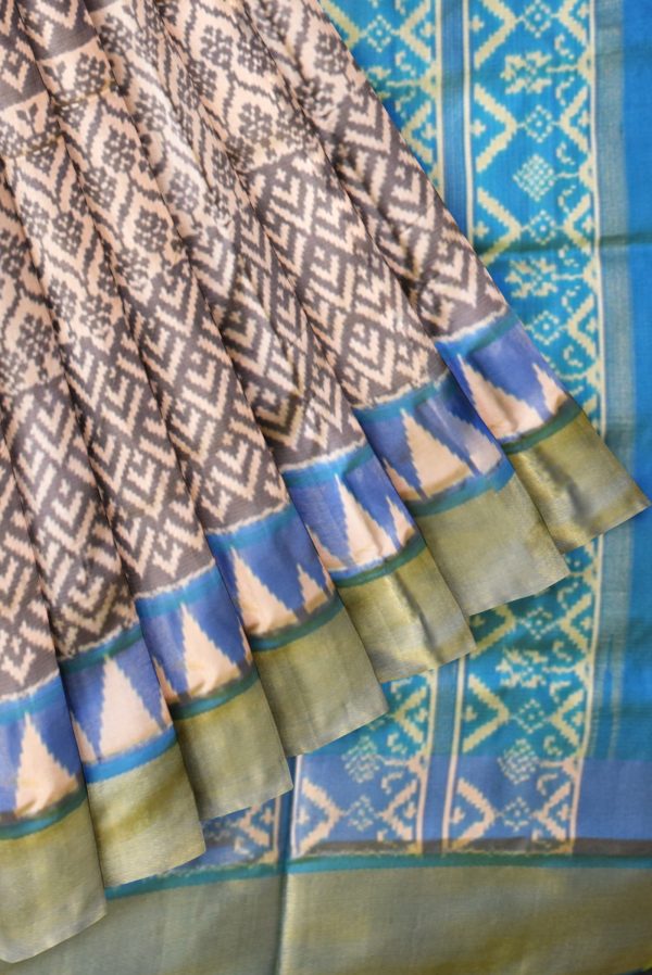 Grey and Rama Blue Handloom Ikat Silk Saree K0186021103 4 Pleats and Pallu