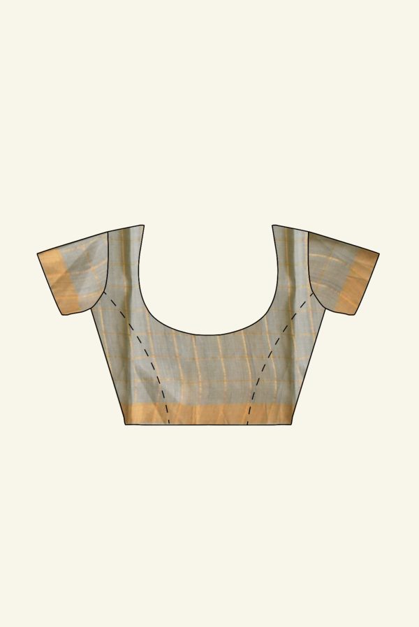 Greyish Green Tussar Silk Saree with Zari Checks K0204180303 1 Blouse Concept