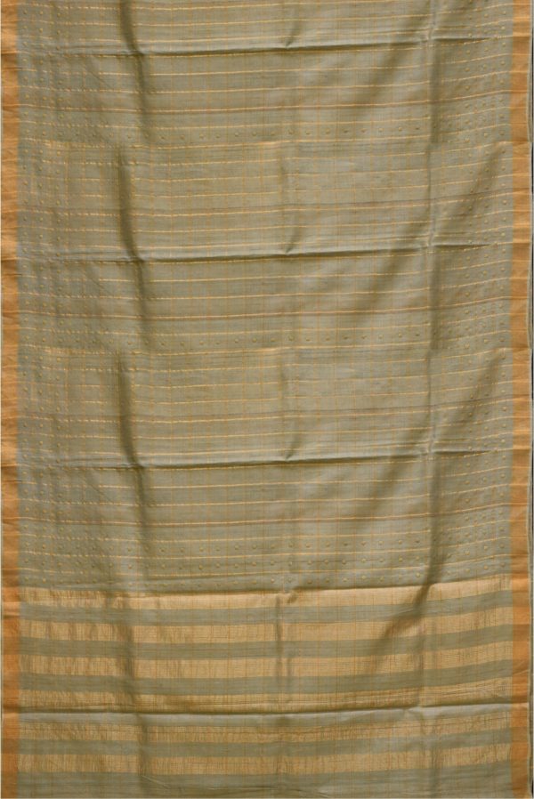 Greyish Green Tussar Silk Saree with Zari Checks K0204180303 3 Full Saree
