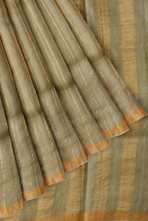 Greyish Green Tussar Silk Saree with Zari Checks K0204180303 4 Pleats and Pallu