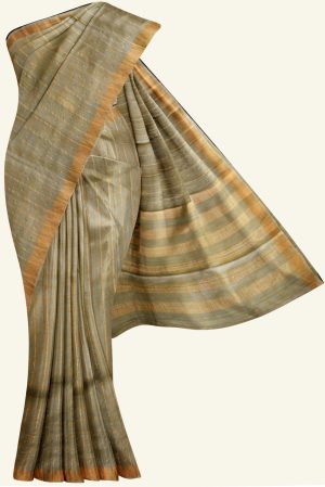 Greyish Green Tussar Silk Saree with Zari Checks K0204180303 5 Saree