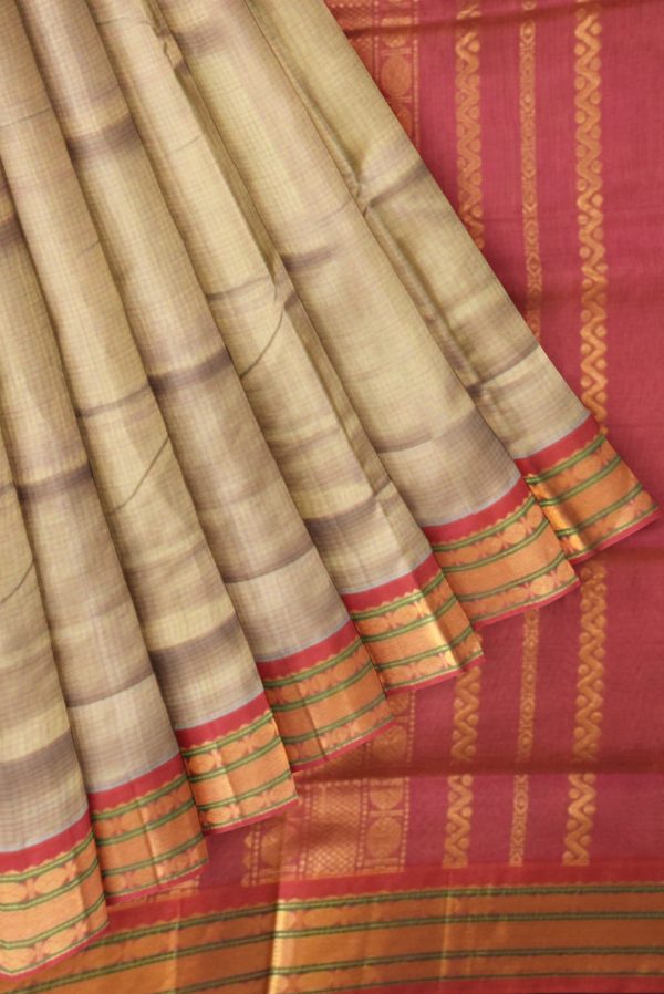 Light Biscuit and Pink Pattur Silk Cotton Saree K0169090201 4 Pleats and Pallu