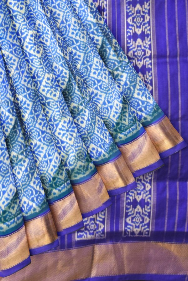 Light Blue and Dark Blue Ikat Silk Saree J0351030602 4 Pleats and Pallu