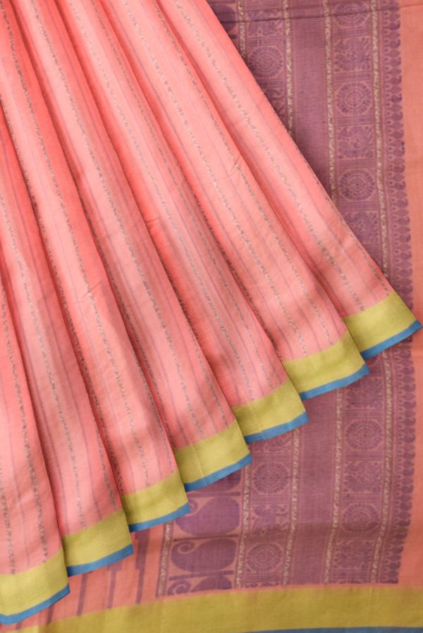 Light Pink and Yellow Handloom Cotton Saree J0459040404 4 Pleats and Pallu