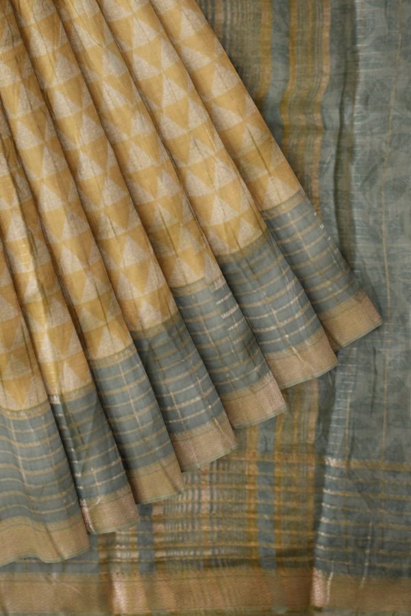 Light Yellow Silk Cotton Printed Saree with Blue Border K0222050504 4 Pleats and Pallu