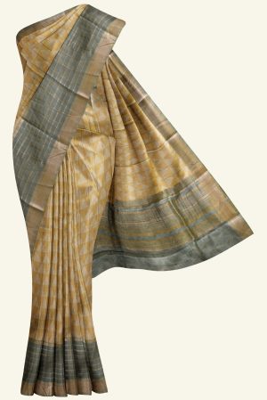 Light Yellow Silk Cotton Printed Saree with Blue Border K0222050504 5 Saree