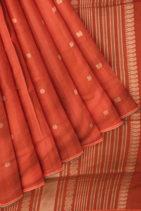 Maroon Handloom Cotton Saree with Green Border K0128030403 4 Pleats and Pallu
