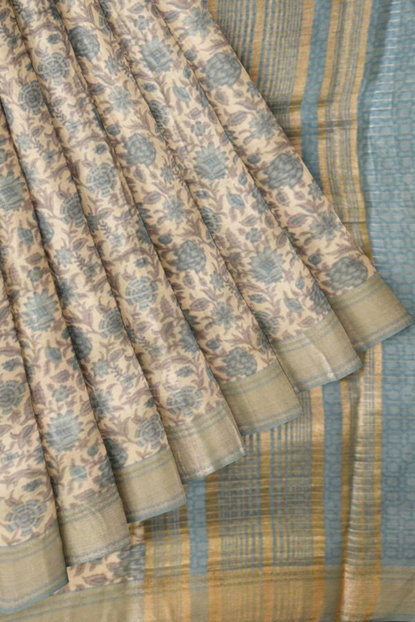Off White Cotton Silk Saree with Floral Print K0222043727 4 Pleats and Pallu