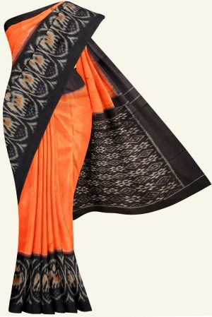 Orange and Black Ikat Handloom Cotton Saree K0183163320 5 Saree