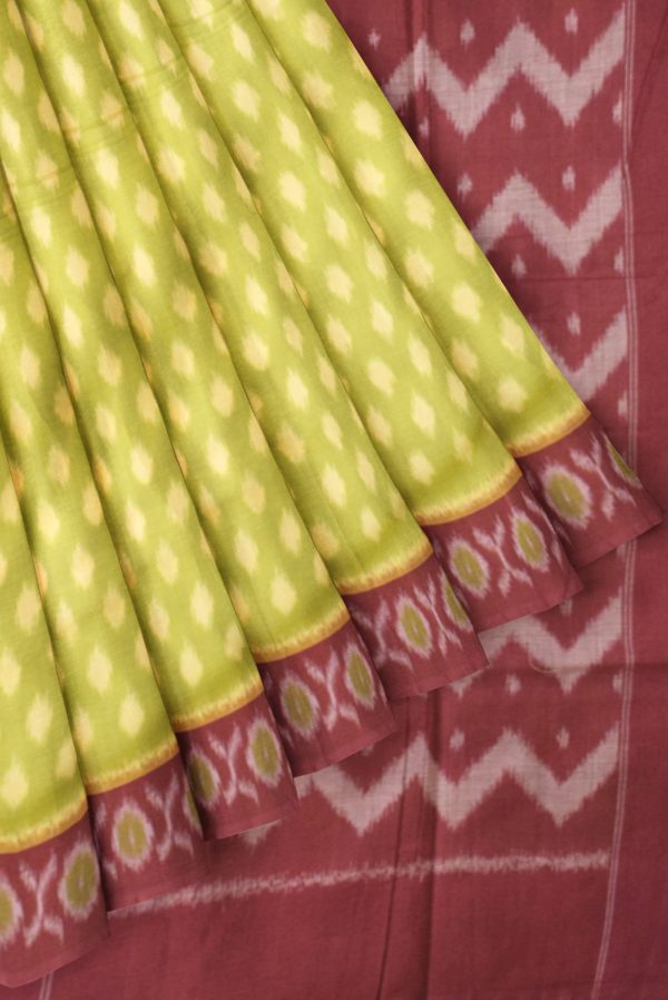 Parrot Green and Maroon Handloom Ikat Cotton Saree K0183163322 4 Pleats and Pallu