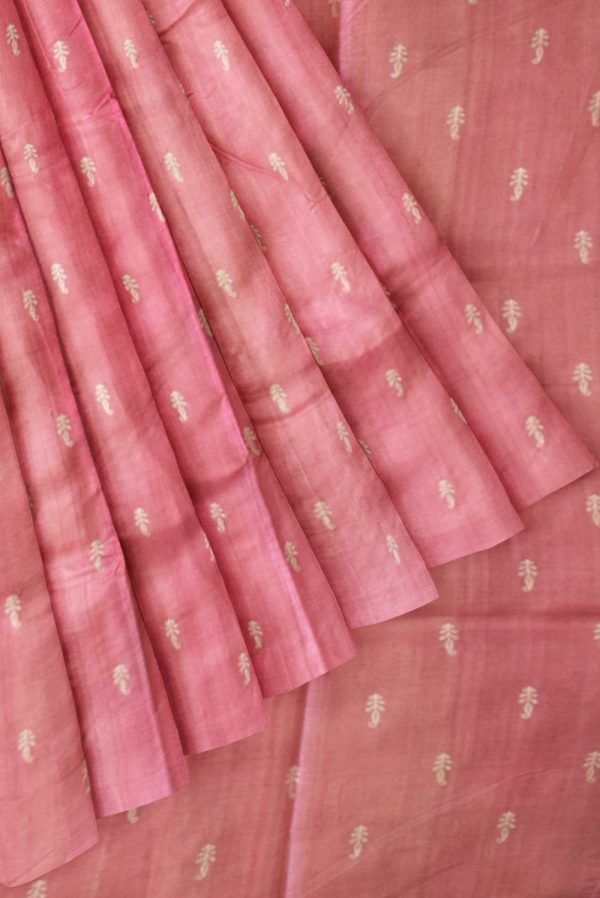 Pink Tussar Silk Saree with Beige Blouse K0202130301 4 Pleats and Pallu