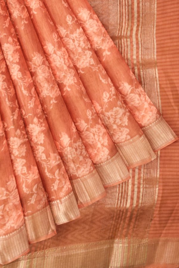Pinkish Orange Cotton Printed Saree K0200041002 4 Pleats and Pallu