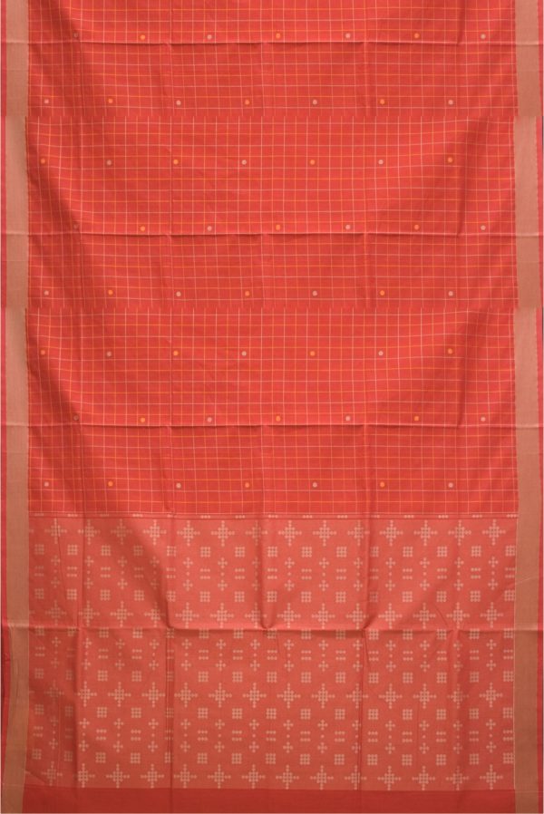Red Handloom Cotton Saree with Self Checks K0129060101 3 Full Saree