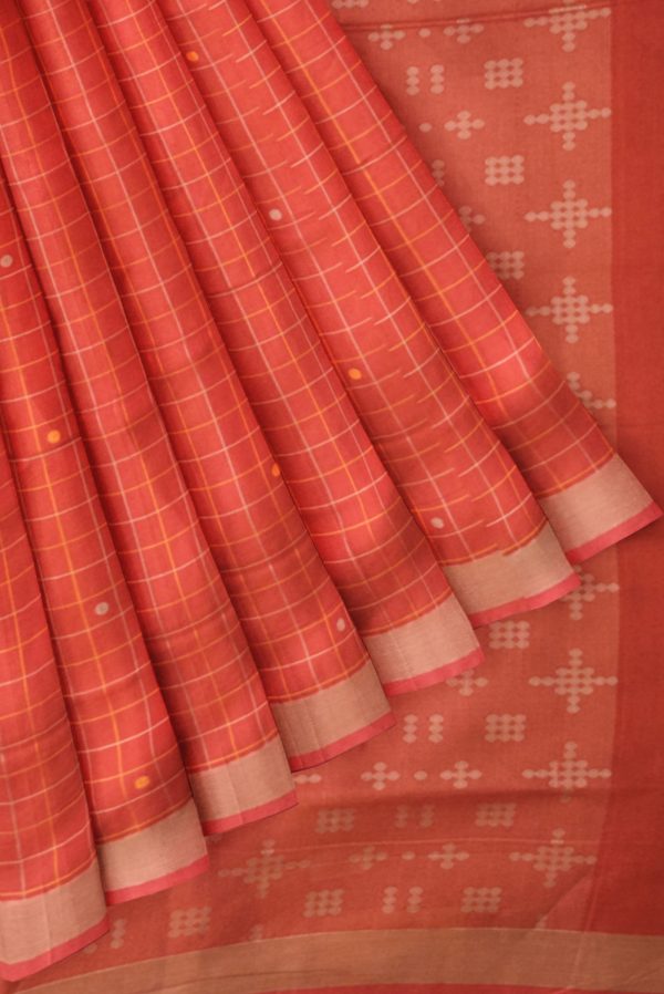 Red Handloom Cotton Saree with Self Checks K0129060101 4 Pleats and Pallu