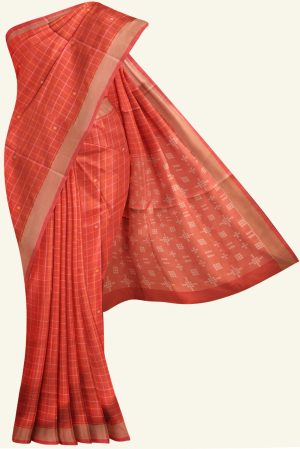 Red Handloom Cotton Saree with Self Checks K0129060101 5 Saree