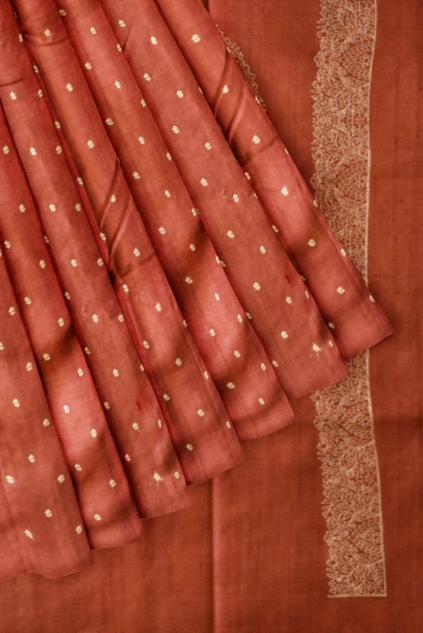 Reddish Maroon Light Tussar Silk Saree K0226011005 4 Pleats and Pallu