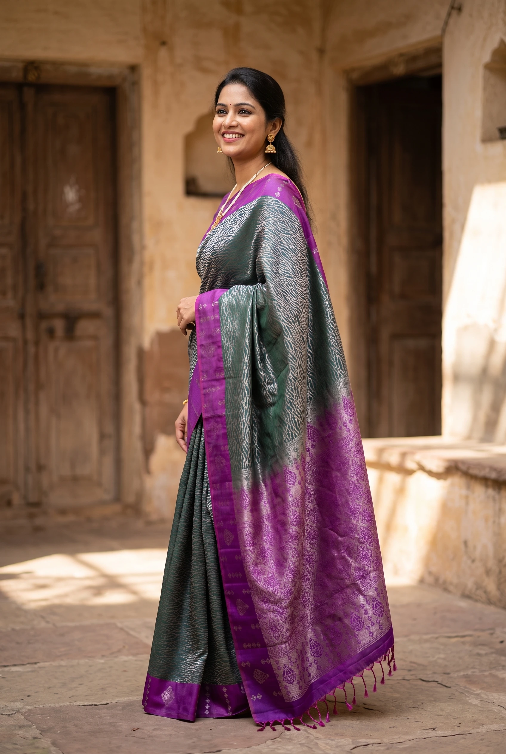 Bottle Green & Plum Soft Silk Saree with Woven Work and Designer Border