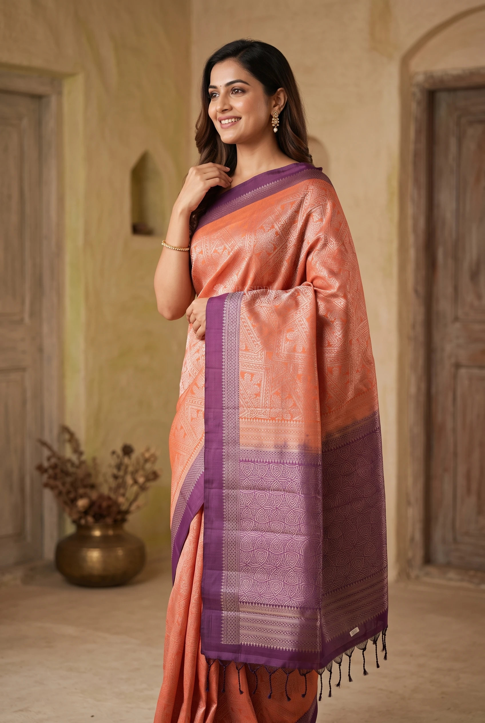 Orange & Purple Soft Silk Saree with Woven Work and Contrast Border