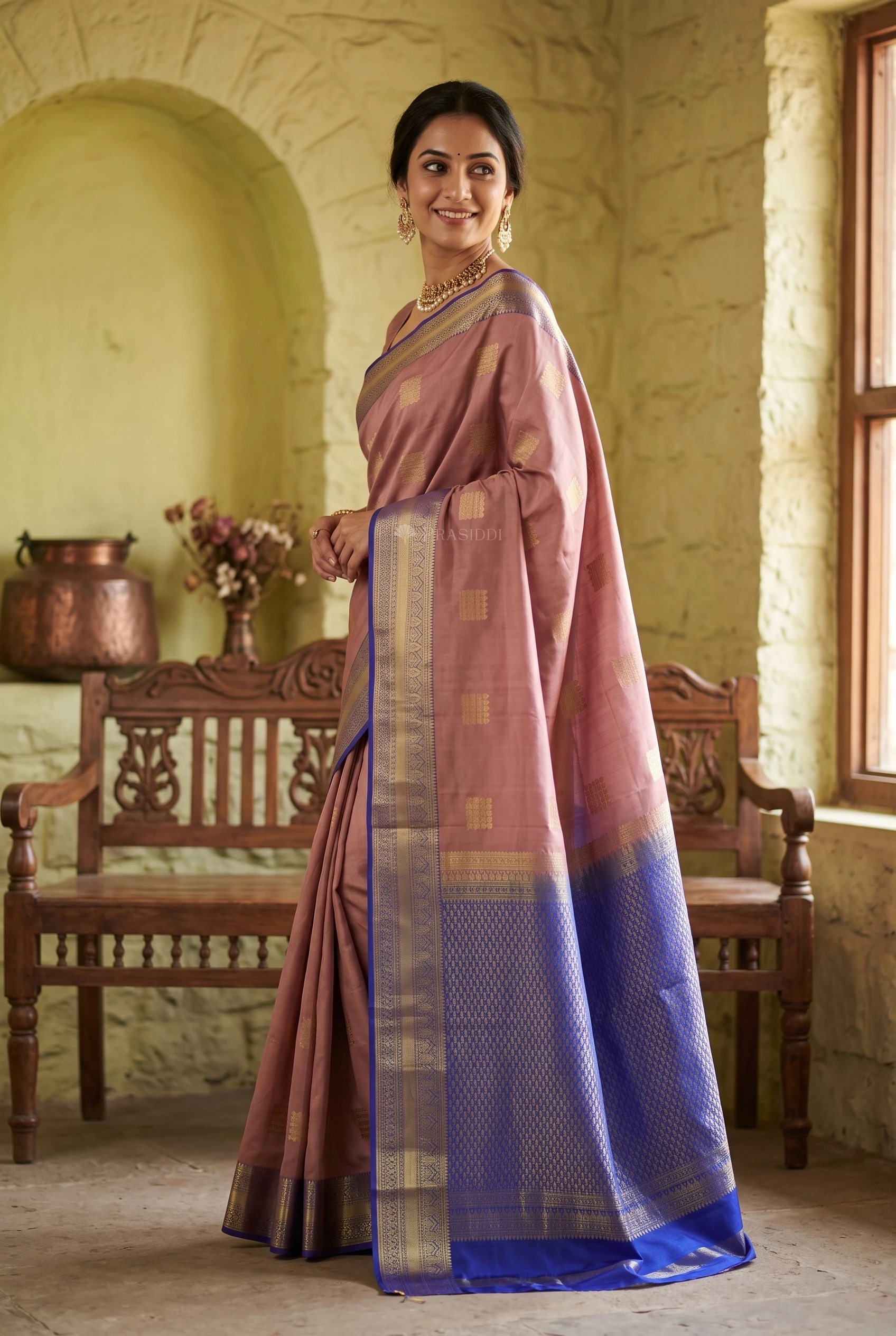 Dusty Rose & Blue Silk Saree with Woven Work and Contrast Woven Zari Border