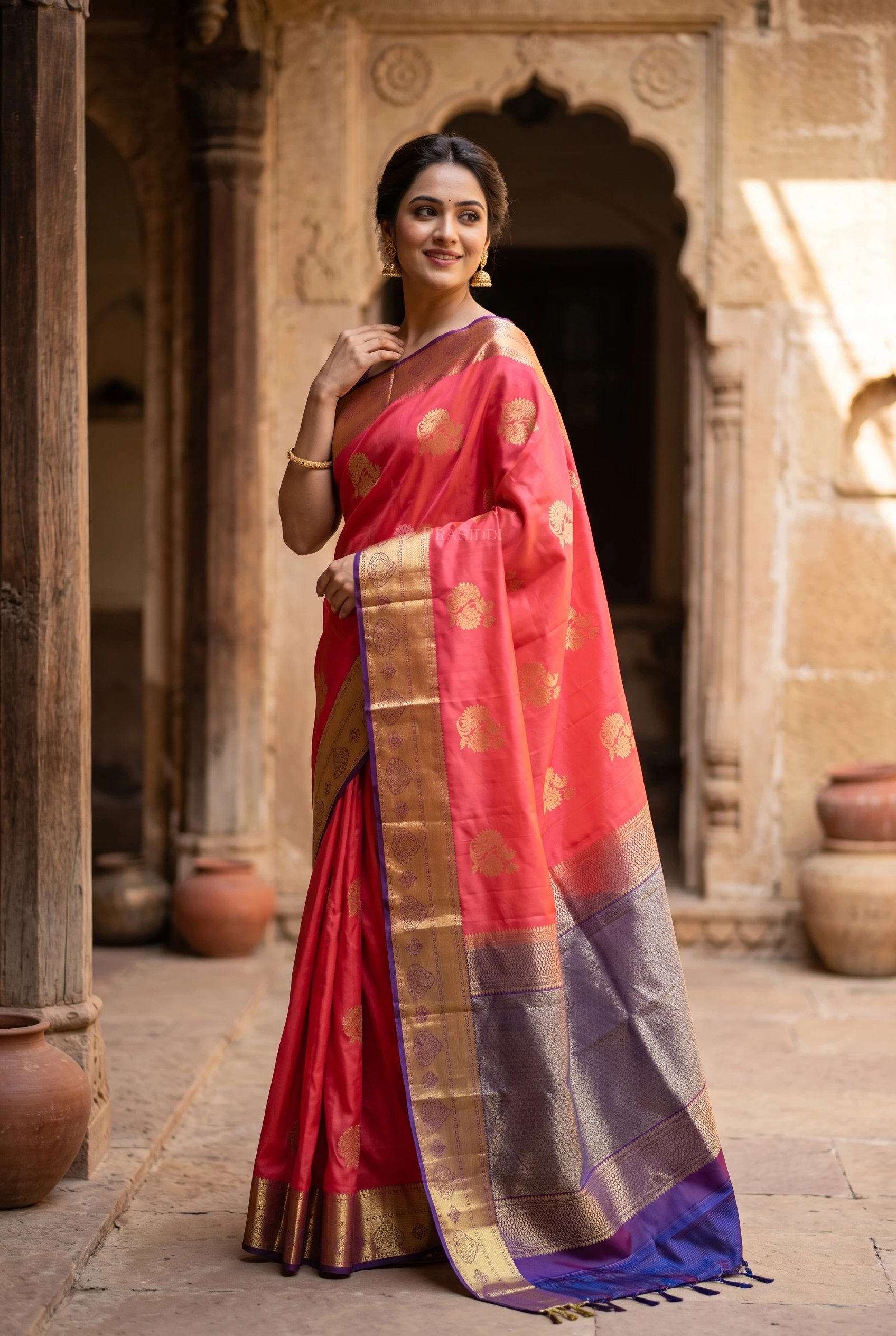 Orangish Rust & Purple Silk Saree with Woven Work and Contrast Woven Zari Border