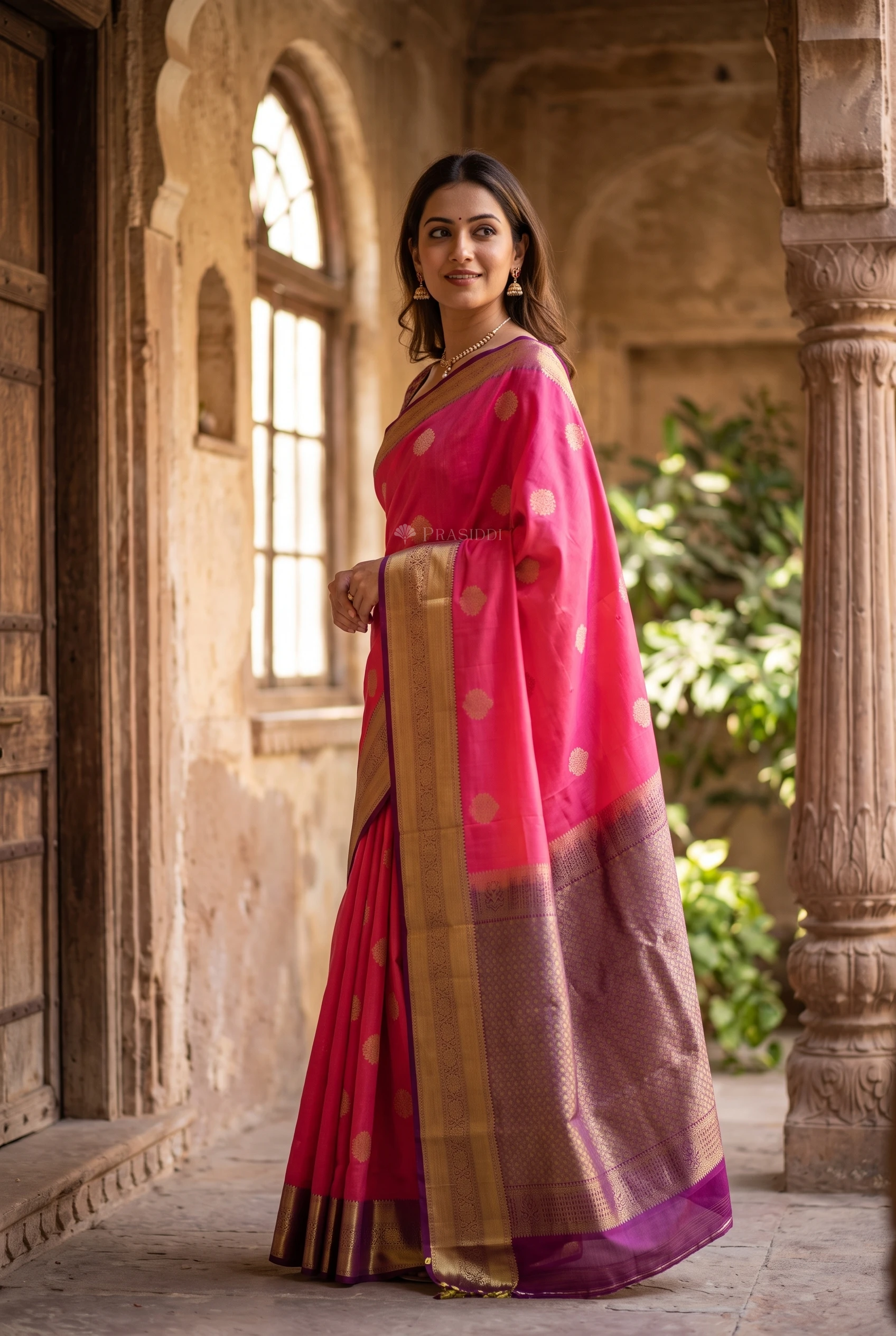 Rani Peach & Purple Silk Saree with Woven Work and Contrast Woven Zari Border