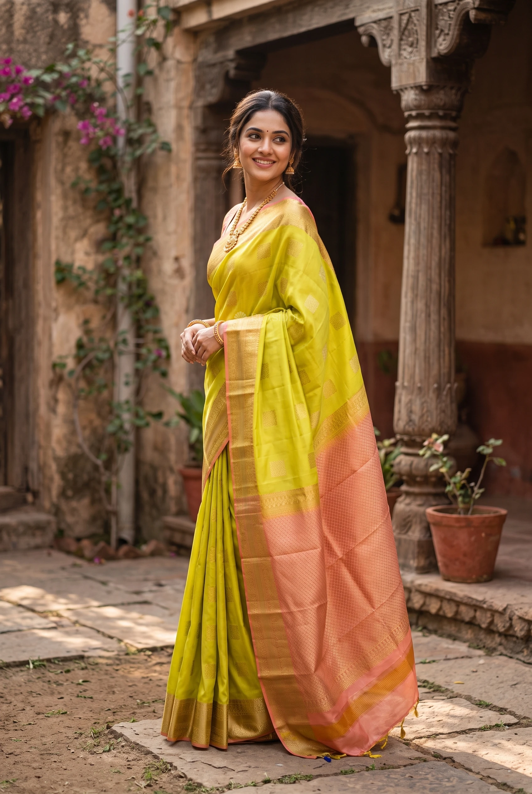 Yellow & Peach Silk Saree with Woven Work and Designer Motifs